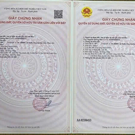 BÁN 2 LÔ ĐẤT LIỀN KỀ TẠI XUÂN HUY – LÂM THAO, PHÚ THỌ