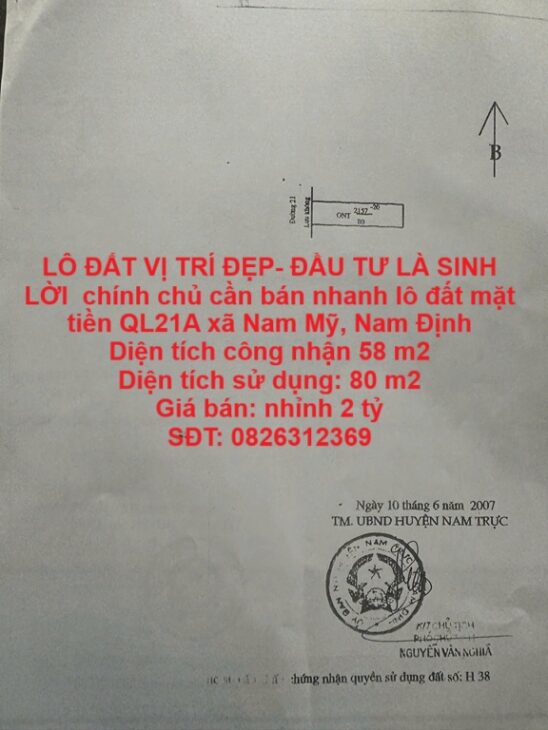 LÔ ĐẤT VỊ TRÍ ĐẸP- ĐẦU TƯ LÀ SINH LỜI chính chủ cần bán nhanh lô đất mặt tiền QL21A xã Nam Mỹ, Nam