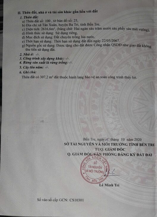 CHÍNH CHỦ Cần Tiền Bán Gấp thửa ruộng theo sổ Tại Tân Xuân, Ba Tri, Bến Tre (cũ)