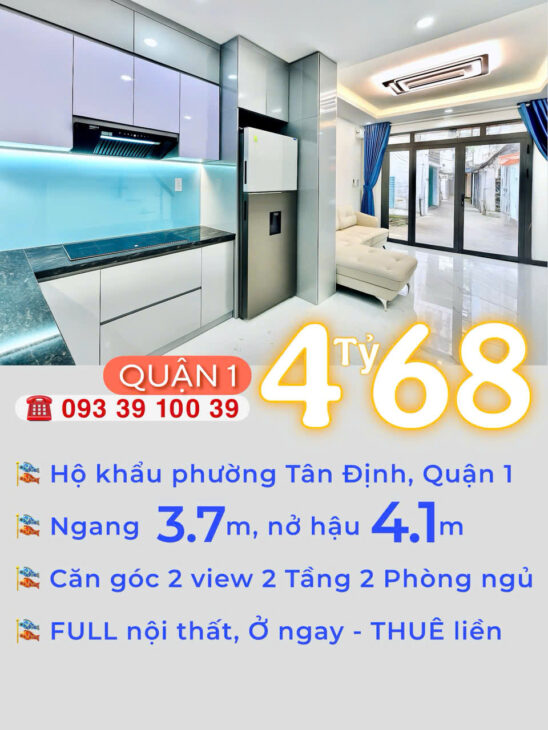 4Tỷ 680: Phường Tân Định Quận 1- Nở hậu 4.1m- Căn góc 2 Tầng 2 Phòng ngủ FULL nội thất. 0933910039