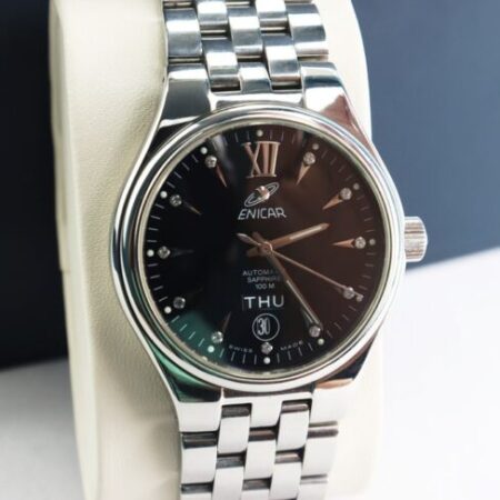 ĐH Nam ENICAR Automatic, mặt đen dòng 2 lịch, cọc số đính 11 viên Kim Cương, Size 39mm