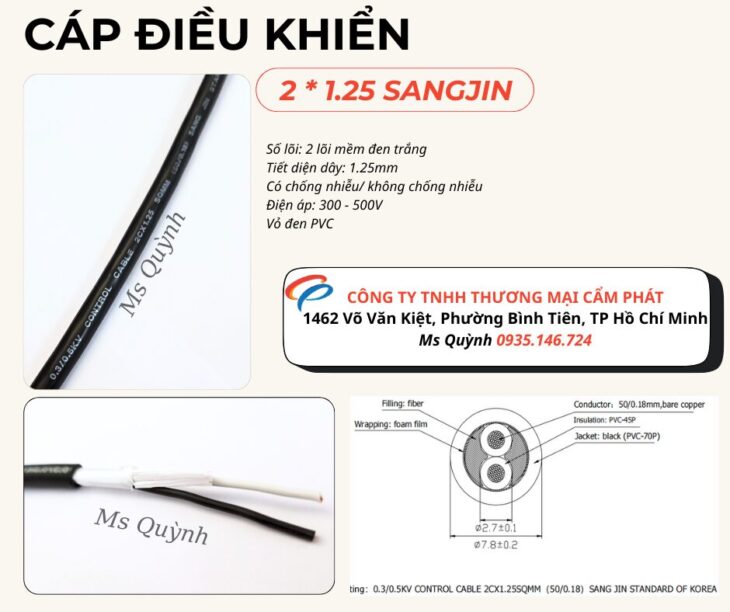 Cáp điều khiển 2 lõi 2G 1.25 Sangjin Hồ Chí Minh