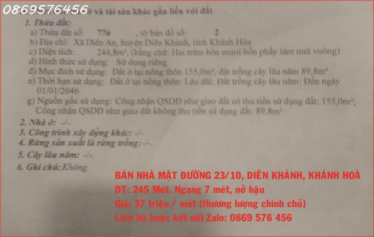 BÁN CĂN NHÀ MẶT TIỀN ĐƯỜNG 23/10, NHA TRANG