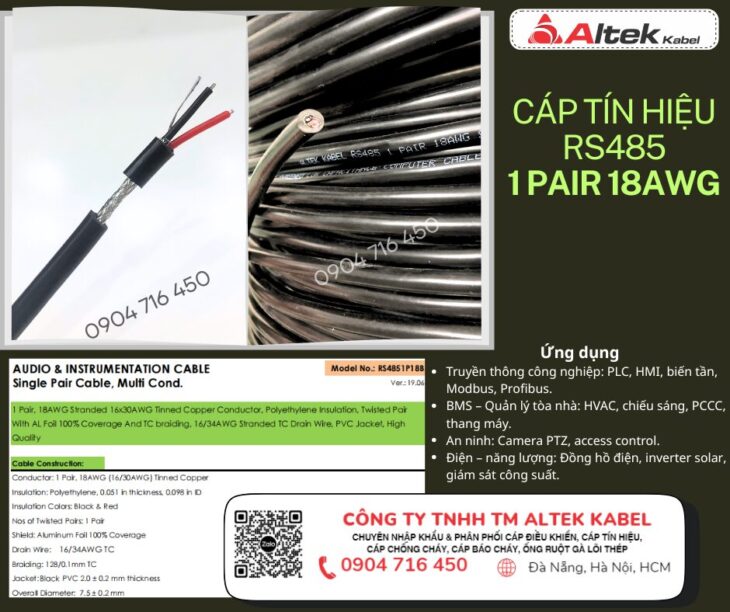 Cáp Tín Hiệu Altek Kabel RS485 18AWG 1 Pair
