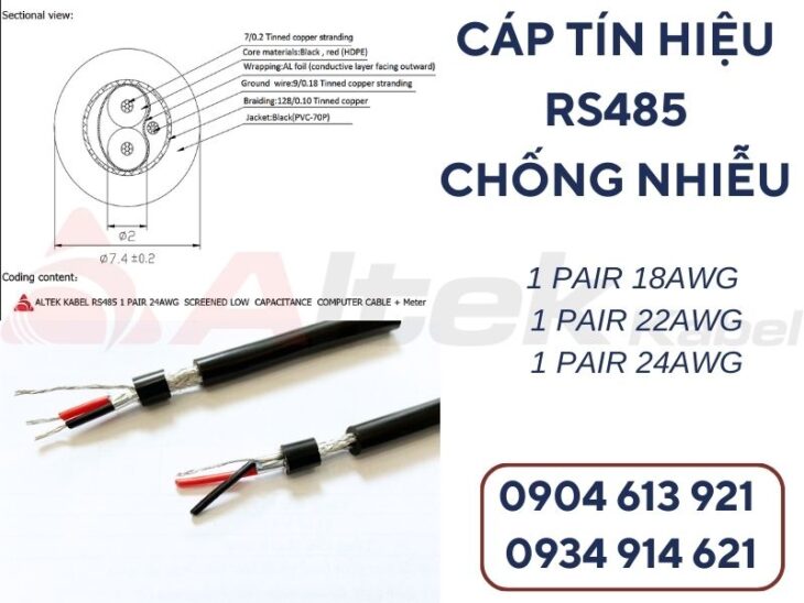 Cáp tín hiệu RS485 vặn xoắn chống nhiễu 1 pair 18AWG Altek Kabel