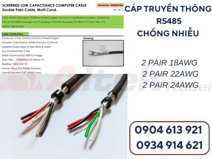 Cáp tín hiệu RS485 vặn xoắn chống nhiễu 1 pair 18AWG Altek Kabel
