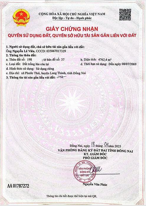 Bán Lô 4.762,4m2 Tại Tổ 17, ấp 1C, Xã Phước Thái, Huyện Long Thành, Đồng Nai