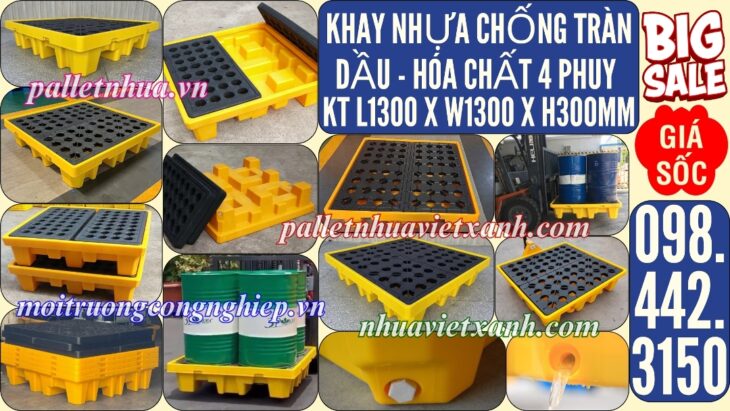 Pallet nhựa chống tràn 4 phuy KT 1300x1300x300mm