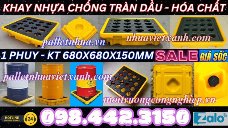 Pallet nhựa chống tràn dầu – hóa chất 1 phuy 680x680x150mm