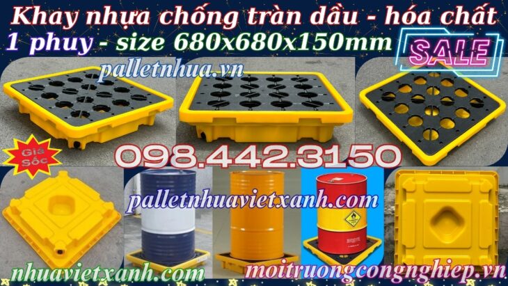 Pallet nhựa chống tràn dầu – hóa chất 1 phuy 680x680x150mm