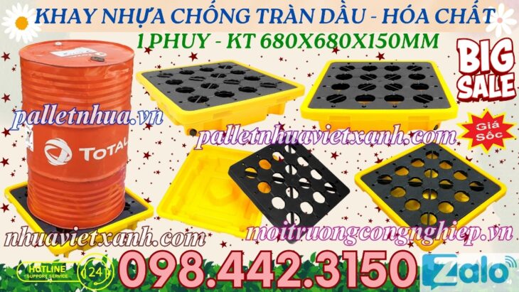 Pallet nhựa chống tràn dầu – hóa chất 1 phuy 680x680x150mm