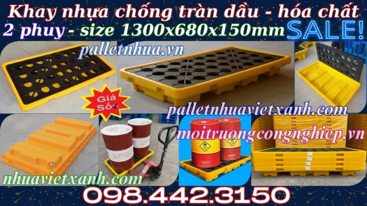 Pallet nhựa chống tràn dầu – hóa chất 2 phuy 1300x680x150mm