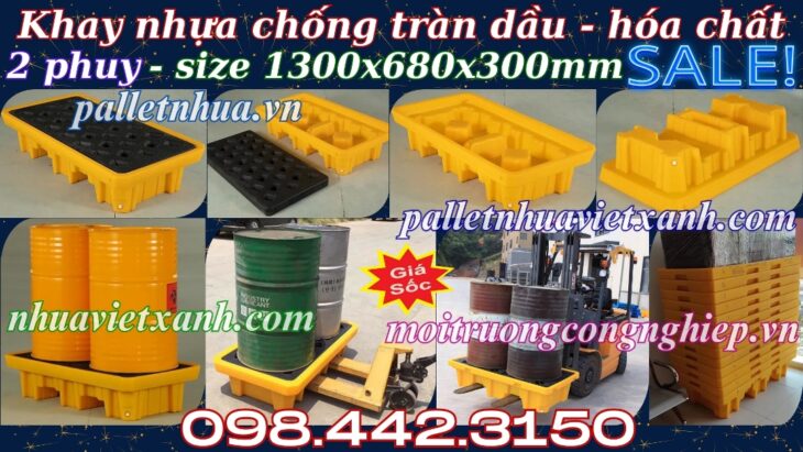 Pallet nhựa chống tràn dầu – hóa chất 2 phuy 1300x680x300mm