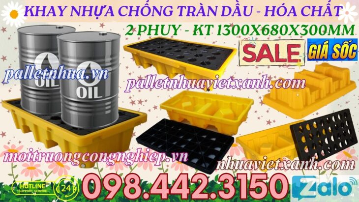 Pallet nhựa chống tràn dầu – hóa chất 2 phuy 1300x680x300mm