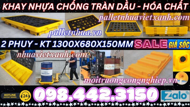 Pallet nhựa chống tràn dầu – hóa chất 2 phuy 1300x680x150mm