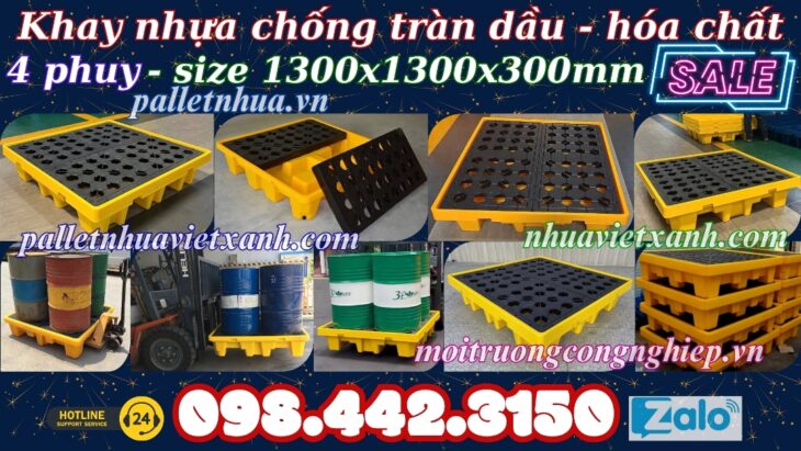 Pallet nhựa chống tràn 4 phuy KT 1300x1300x300mm