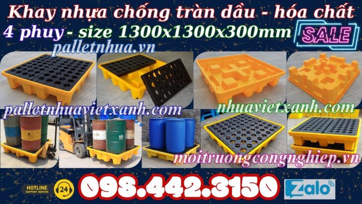 Pallet nhựa chống tràn dầu – hóa chất 4 phuy 1300x1300x300mm