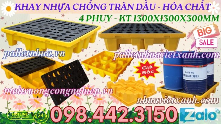 Pallet nhựa chống tràn dầu – hóa chất 4 phuy 1300x1300x300mm