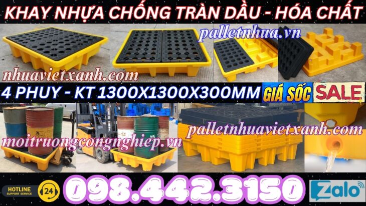 Pallet nhựa chống tràn dầu – hóa chất 4 phuy 1300x1300x300mm