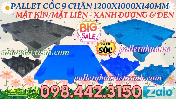 Pallet nhựa cốc 9 chân mặt liền 1200x1000x140mm
