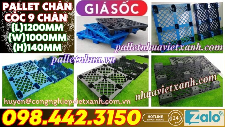 Pallet nhựa cốc 9 chân mặt lưới 1200x1000x140mm