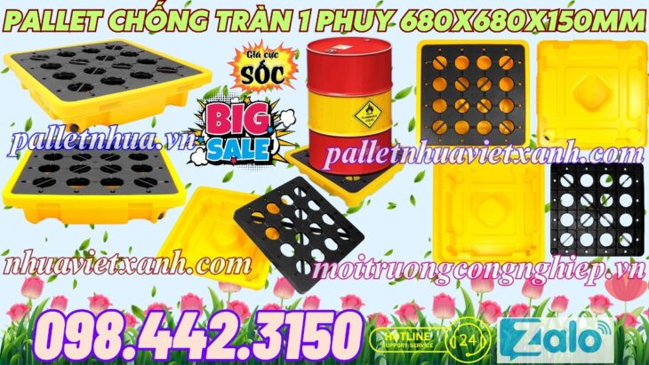 Pallet nhựa chống tràn dầu – hóa chất 1 phuy 680x680x150mm