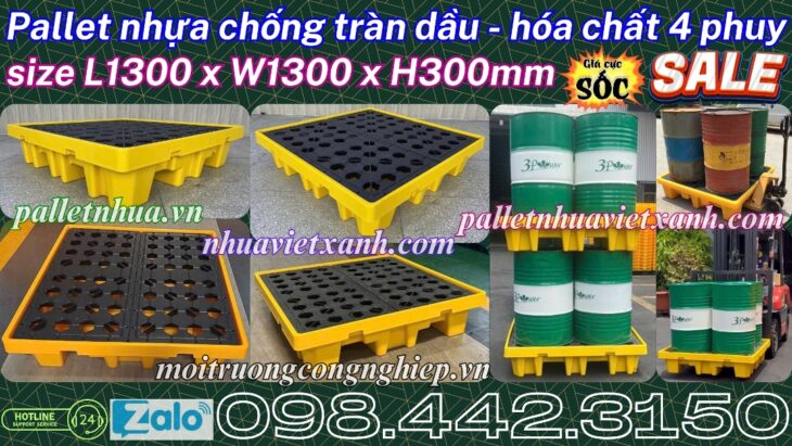Pallet nhựa chống tràn 4 phuy KT 1300x1300x300mm
