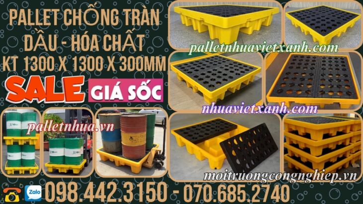 Pallet nhựa chống tràn 4 phuy KT 1300x1300x300mm