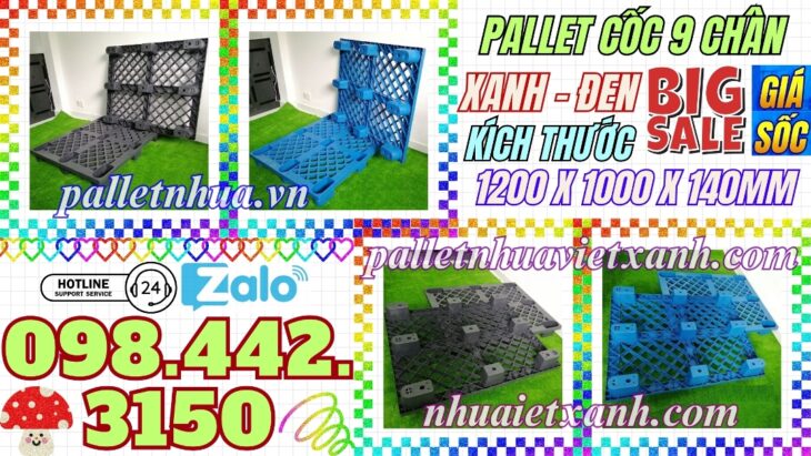 Pallet nhựa cốc 9 chân mặt lưới 1200x1000x140mm