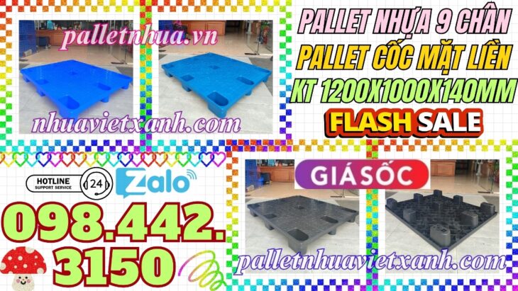 Pallet nhựa cốc 9 chân mặt liền 1200x1000x140mm