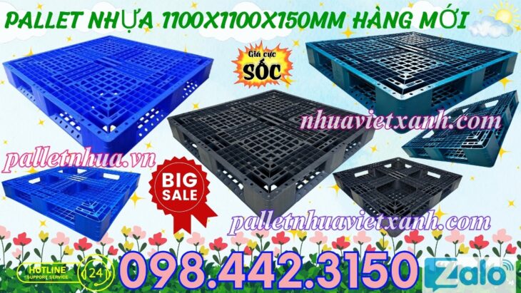 Pallet nhựa 1100x1100x150mm hàng mới màu xanh dương và đen