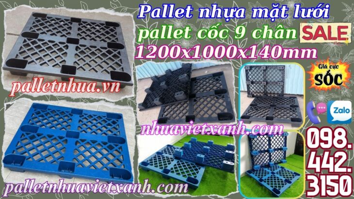 Pallet nhựa cốc 9 chân mặt lưới 1200x1000x140mm