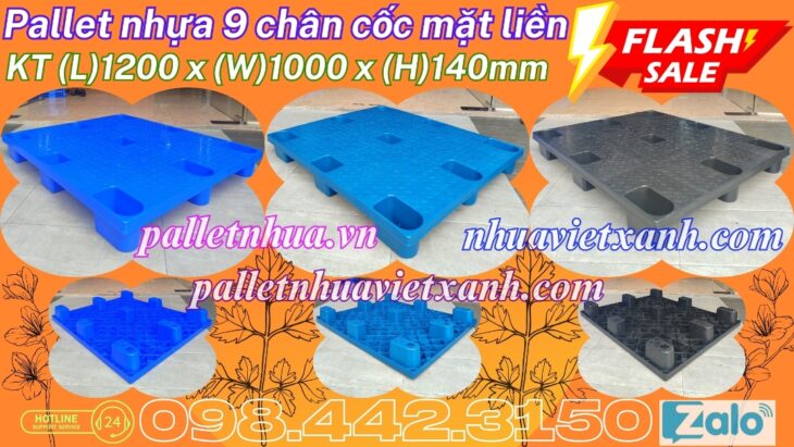 Pallet nhựa cốc 9 chân mặt liền 1200x1000x140mm