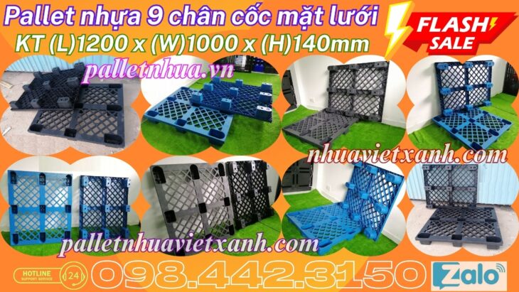Pallet nhựa cốc 9 chân mặt lưới 1200x1000x140mm