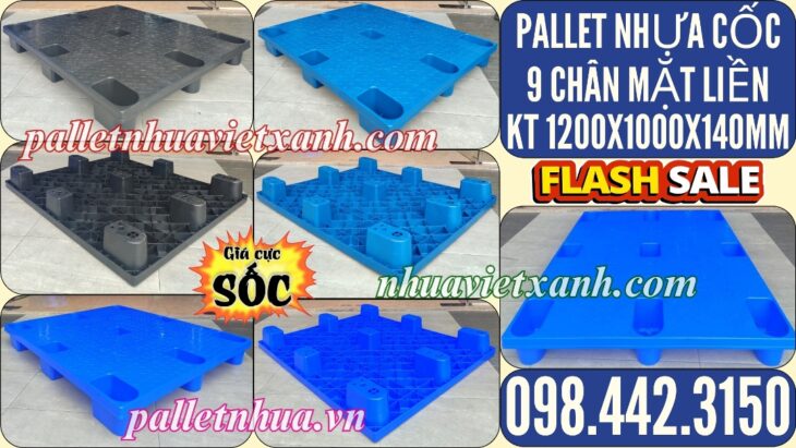 Pallet nhựa cốc 9 chân mặt liền 1200x1000x140mm