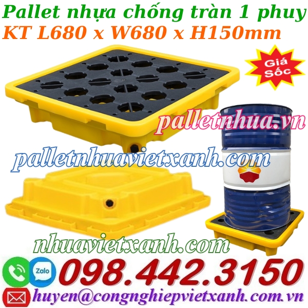 Pallet nhựa chống tràn dầu – hóa chất 1 phuy 680x680x150mm