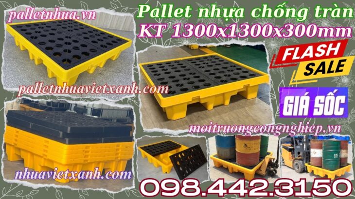 Pallet nhựa chống tràn 4 phuy KT 1300x1300x300mm