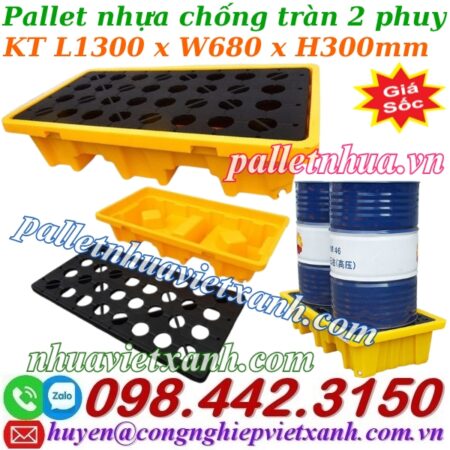 Pallet nhựa chống tràn dầu – hóa chất 2 phuy 1300x680x300mm