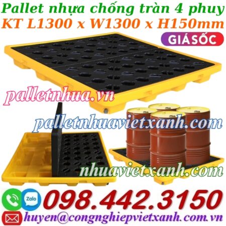 Pallet nhựa chống tràn dầu – hóa chất 4 phuy 1300x1300x150mm
