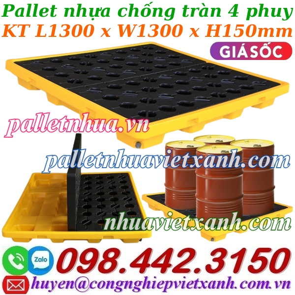 Pallet nhựa chống tràn dầu – hóa chất 4 phuy 1300x1300x150mm