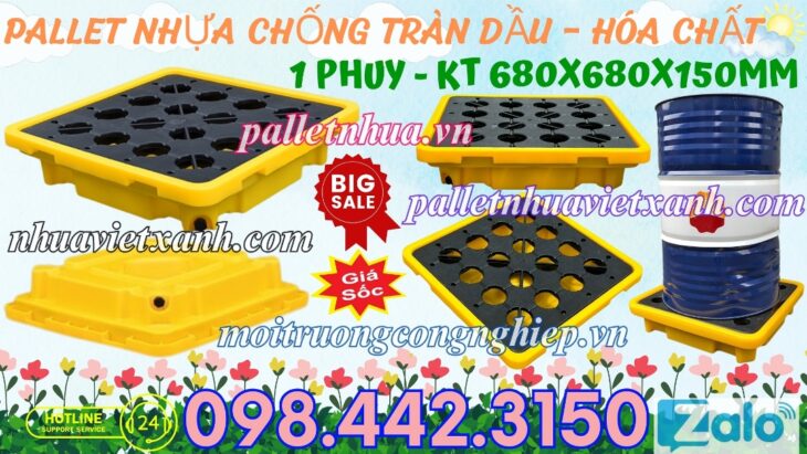 Pallet nhựa chống tràn dầu – hóa chất 1 phuy 680x680x150mm