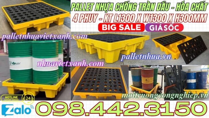 Pallet nhựa chống tràn 4 phuy KT 1300x1300x300mm
