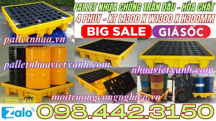 Pallet nhựa chống tràn dầu – hóa chất 4 phuy 1300x1300x300mm