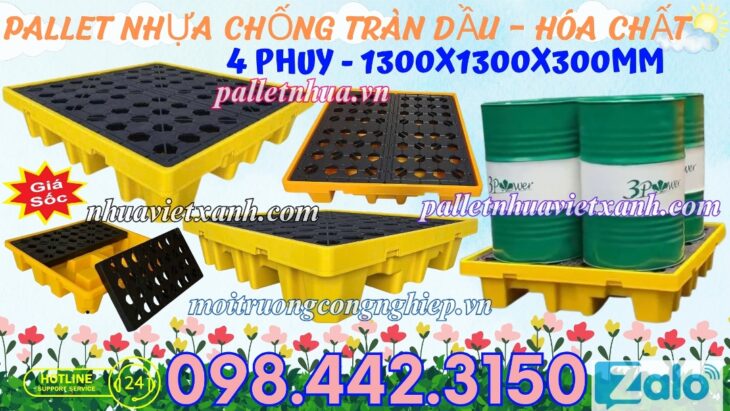 Pallet nhựa chống tràn 4 phuy KT 1300x1300x300mm