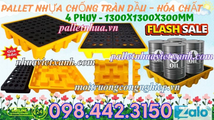 Pallet nhựa chống tràn dầu – hóa chất 4 phuy 1300x1300x300mm