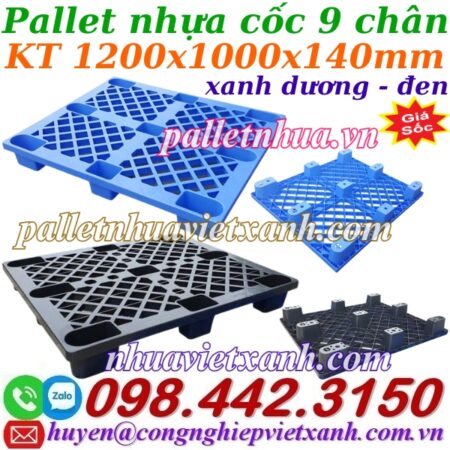 Pallet nhựa cốc 9 chân mặt lưới 1200x1000x140mm