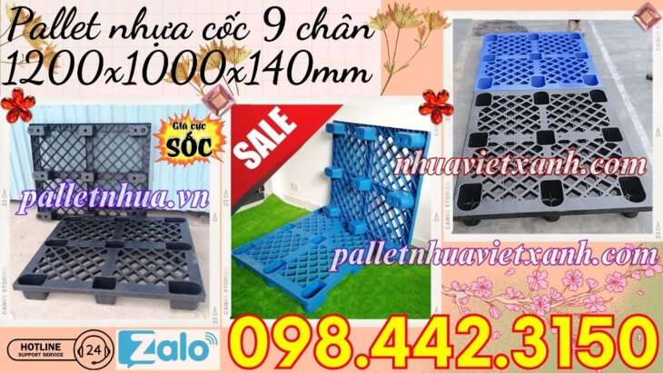Pallet nhựa cốc 9 chân mặt lưới 1200x1000x140mm