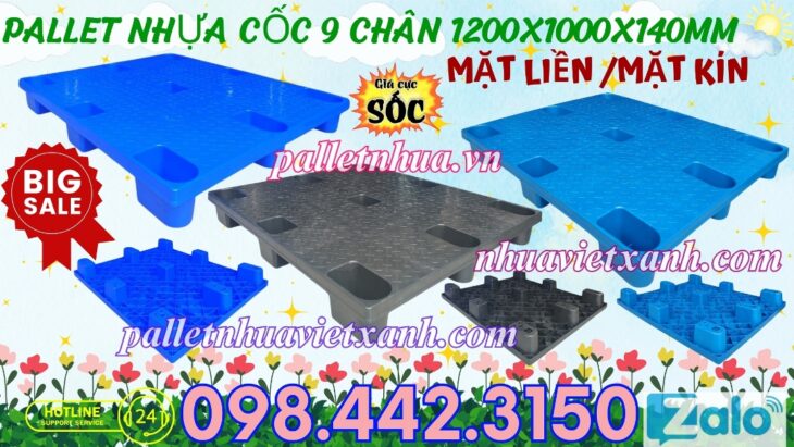Pallet nhựa cốc 9 chân mặt liền 1200x1000x140mm