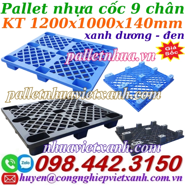 Pallet nhựa cốc 9 chân mặt lưới 1200x1000x140mm