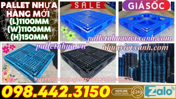 Pallet nhựa 1100x1100x150mm hàng mới màu xanh dương và đen